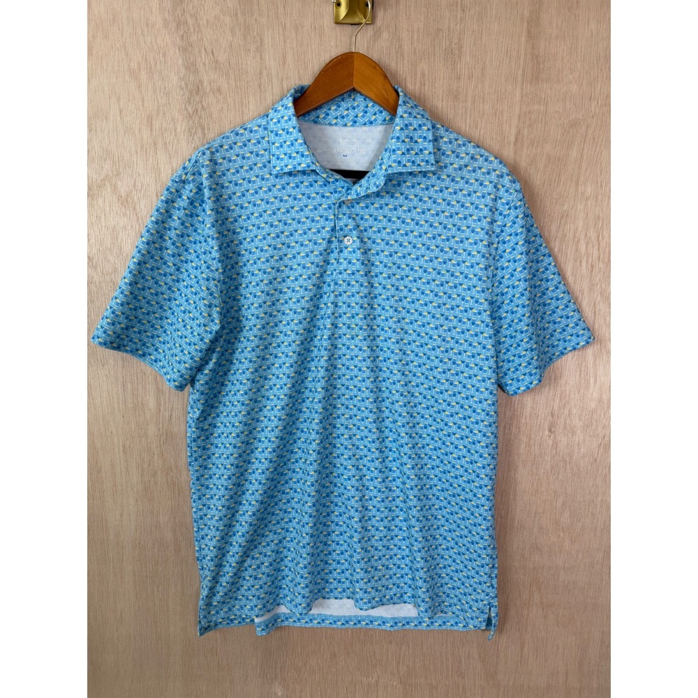 Southern Tide Mens Medium Blue Cocktail Glass Print Performance Polo Shirt M